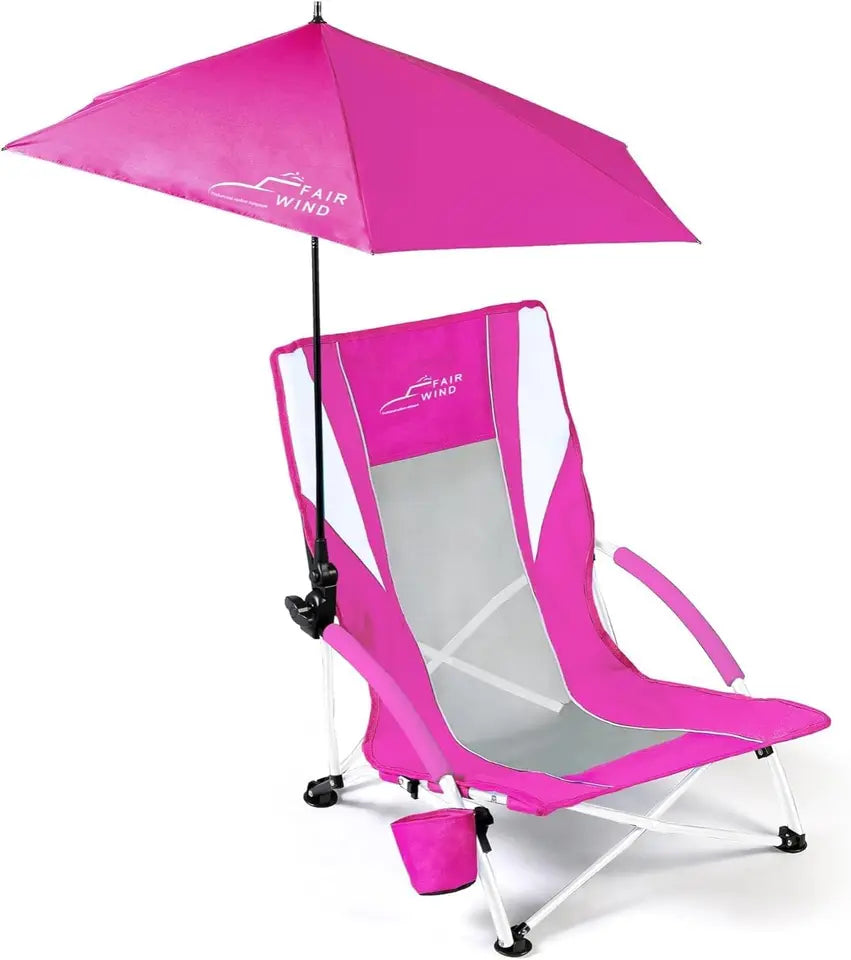 Portable Beach Chair with Umbrella for Adults, Backpack Folding Arm Chair for Coastal Vacations, Picnics, Concerts, Supports 300 LBS, Pink