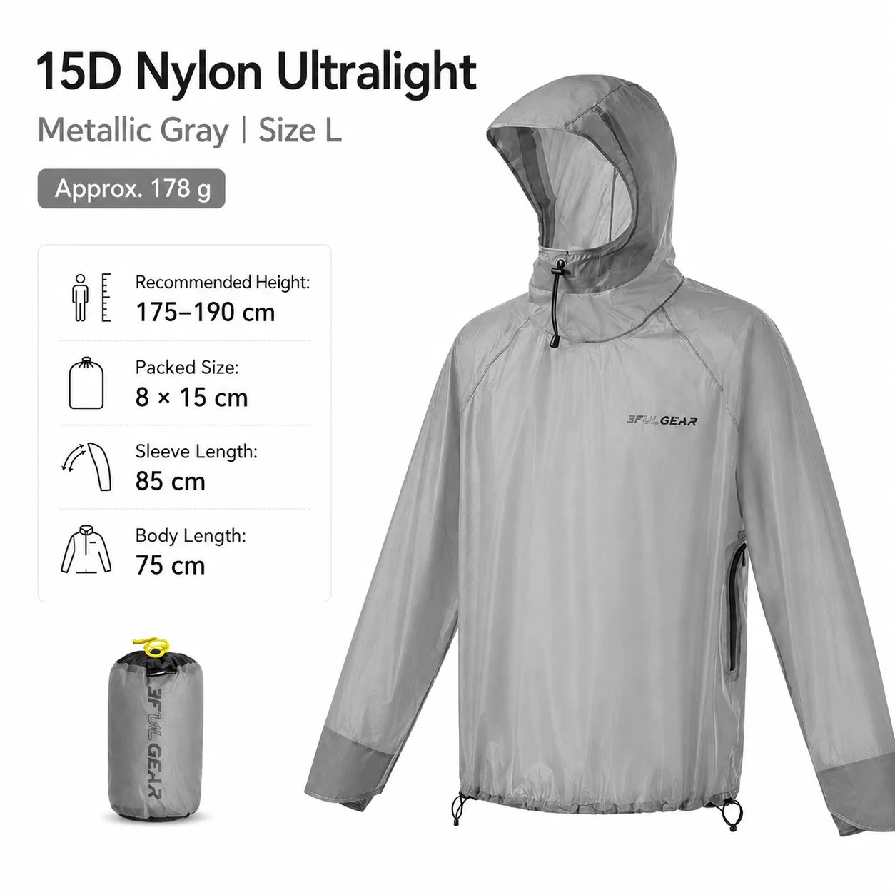 3F UL GEAR Ultralight Hooded Rain Jacket Top 15D Nylon 20D Dyneema-Blend Outdoor Waterproof Pullover Raincoat for Hiking Camping