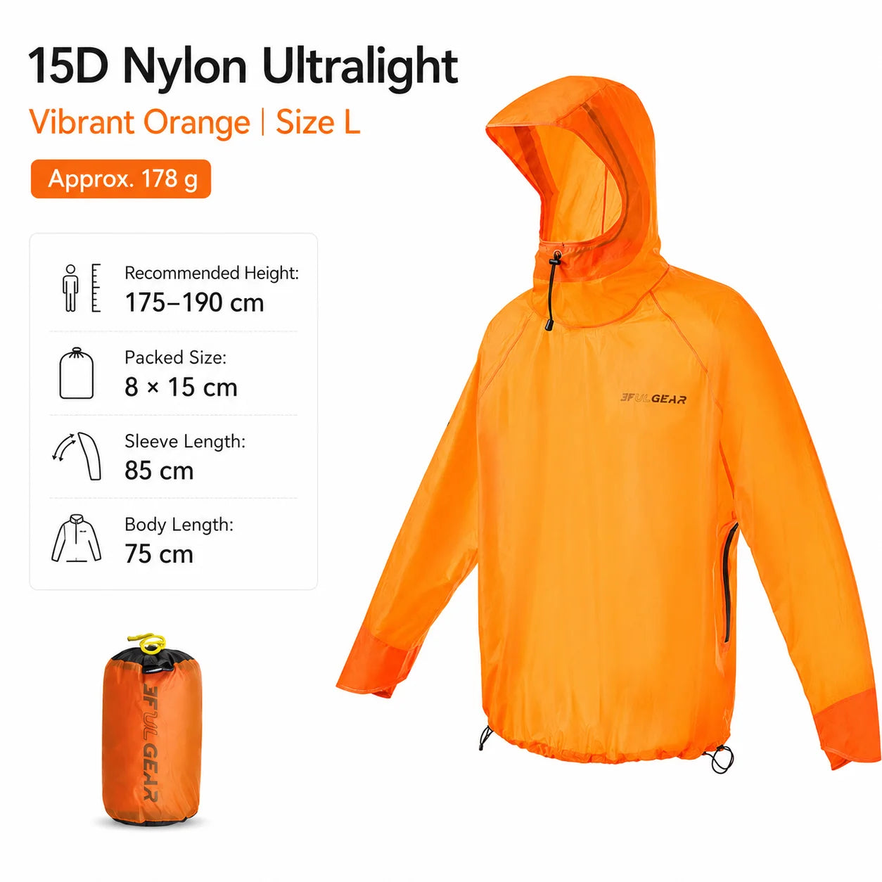 3F UL GEAR Ultralight Hooded Rain Jacket Top 15D Nylon 20D Dyneema-Blend Outdoor Waterproof Pullover Raincoat for Hiking Camping