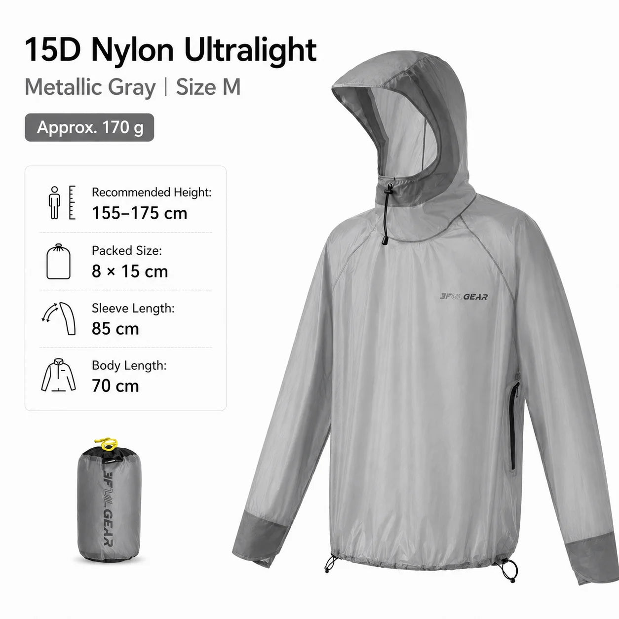 3F UL GEAR Ultralight Hooded Rain Jacket Top 15D Nylon 20D Dyneema-Blend Outdoor Waterproof Pullover Raincoat for Hiking Camping