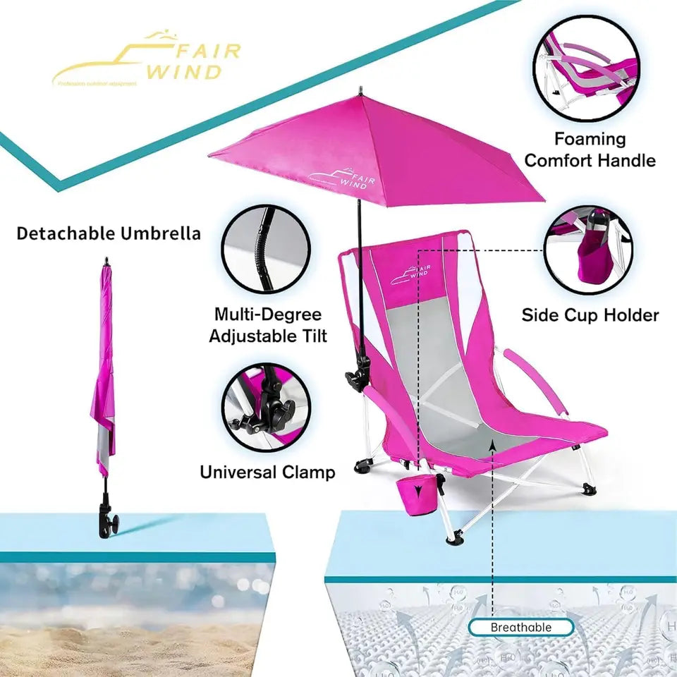 Portable Beach Chair with Umbrella for Adults, Backpack Folding Arm Chair for Coastal Vacations, Picnics, Concerts, Supports 300 LBS, Pink