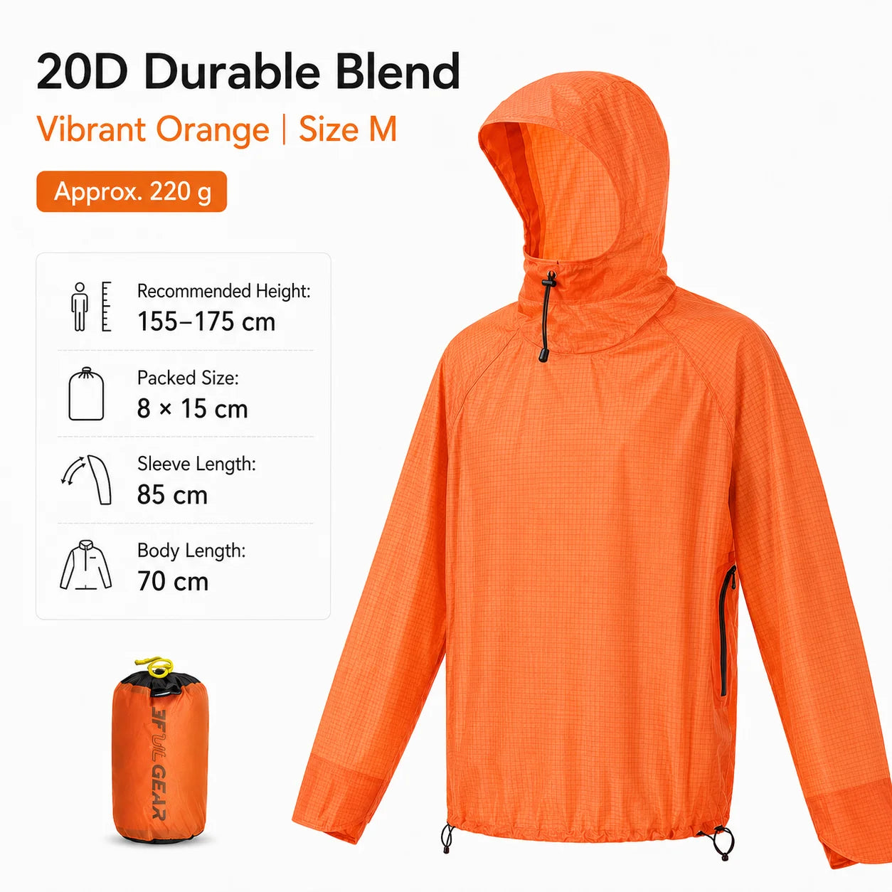 3F UL GEAR Ultralight Hooded Rain Jacket Top 15D Nylon 20D Dyneema-Blend Outdoor Waterproof Pullover Raincoat for Hiking Camping