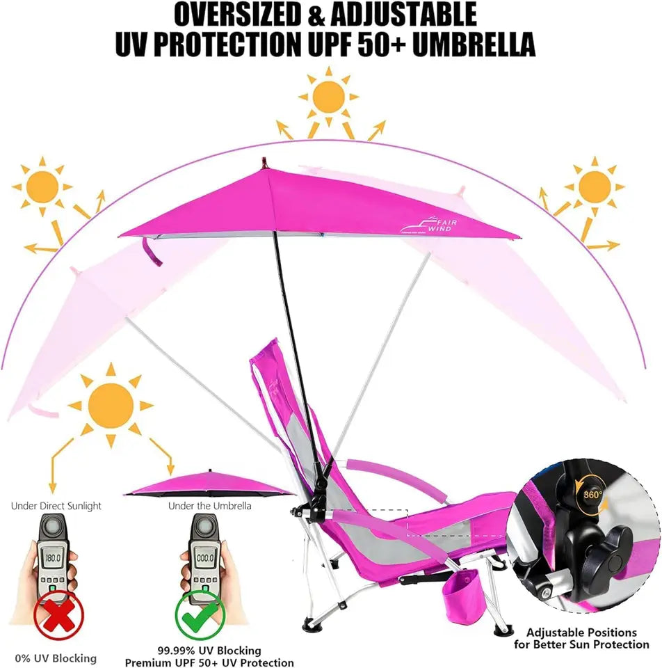 Portable Beach Chair with Umbrella for Adults, Backpack Folding Arm Chair for Coastal Vacations, Picnics, Concerts, Supports 300 LBS, Pink