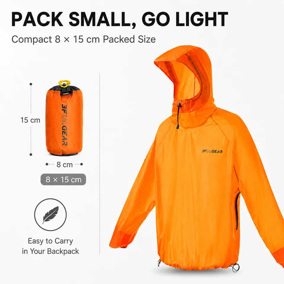 3F UL GEAR Ultralight Hooded Rain Jacket Top 15D Nylon 20D Dyneema-Blend Outdoor Waterproof Pullover Raincoat for Hiking Camping