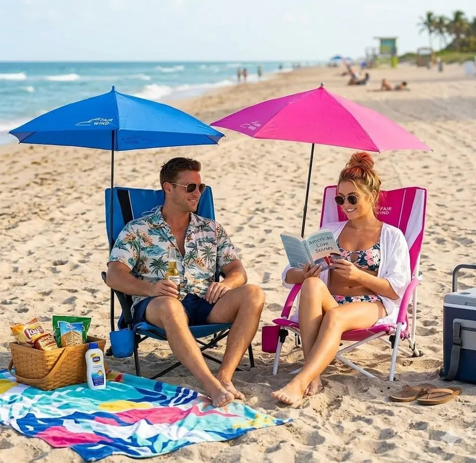 Portable Beach Chair with Umbrella for Adults, Backpack Folding Arm Chair for Coastal Vacations, Picnics, Concerts, Supports 300 LBS, Pink