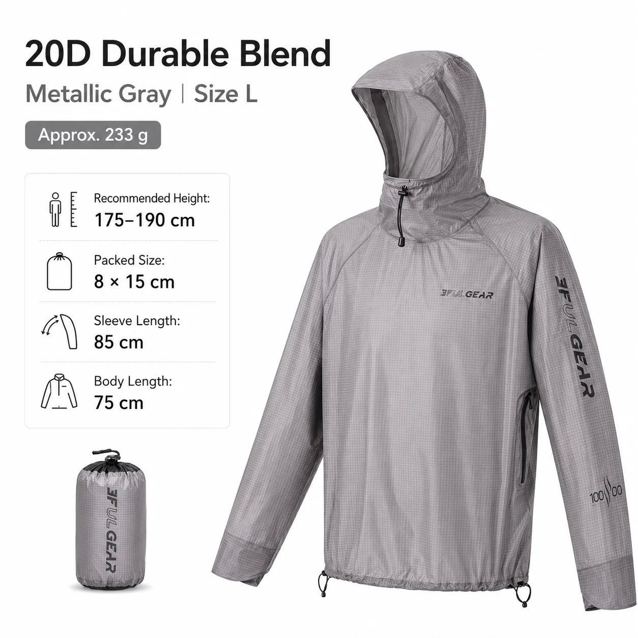 3F UL GEAR Ultralight Hooded Rain Jacket Top 15D Nylon 20D Dyneema-Blend Outdoor Waterproof Pullover Raincoat for Hiking Camping