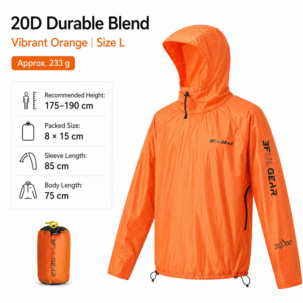 3F UL GEAR Ultralight Hooded Rain Jacket Top 15D Nylon 20D Dyneema-Blend Outdoor Waterproof Pullover Raincoat for Hiking Camping