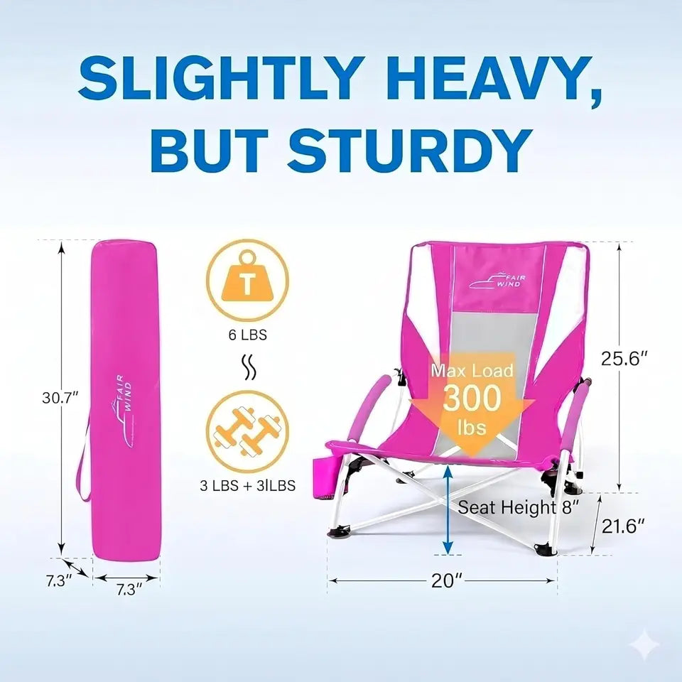 Portable Beach Chair with Umbrella for Adults, Backpack Folding Arm Chair for Coastal Vacations, Picnics, Concerts, Supports 300 LBS, Pink