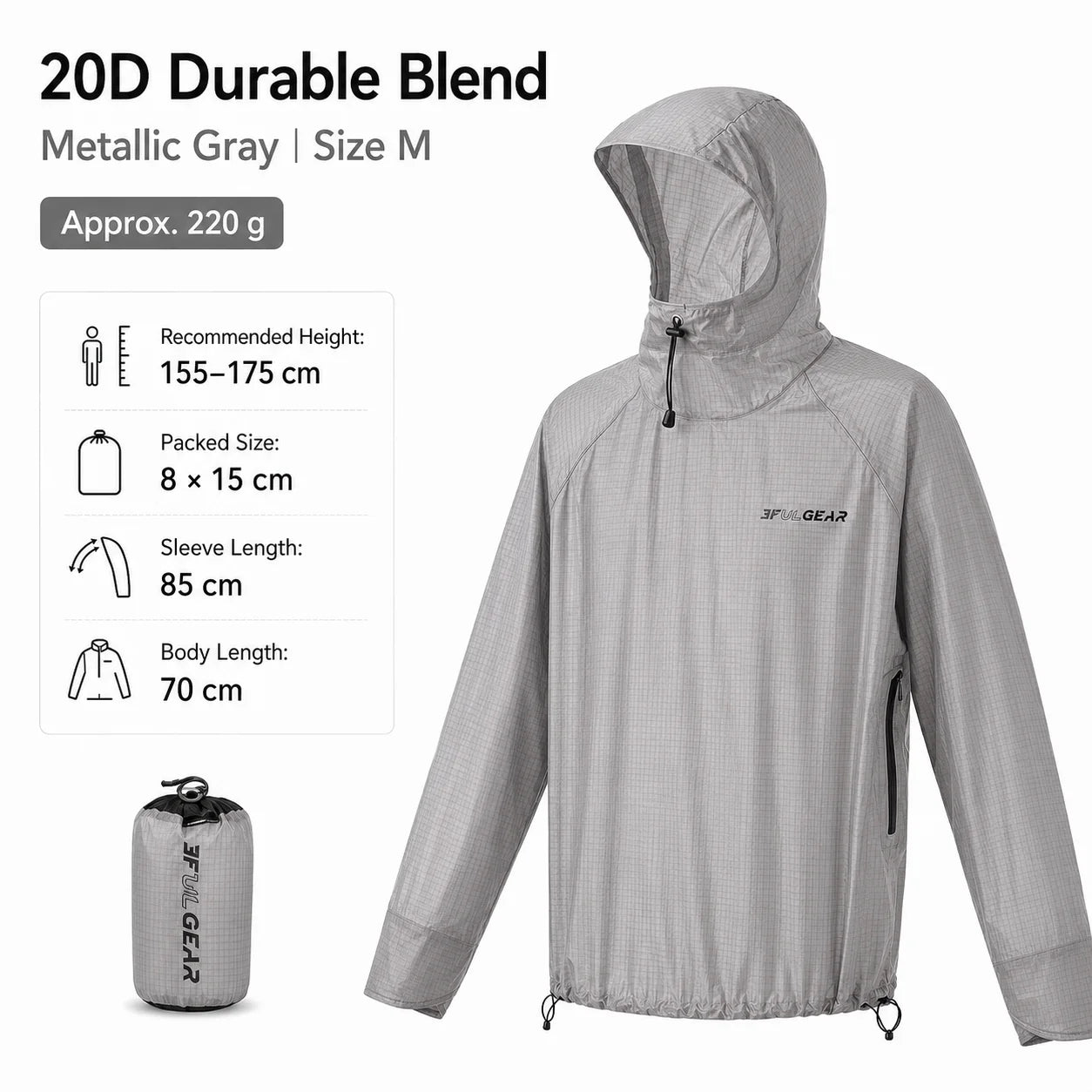 3F UL GEAR Ultralight Hooded Rain Jacket Top 15D Nylon 20D Dyneema-Blend Outdoor Waterproof Pullover Raincoat for Hiking Camping